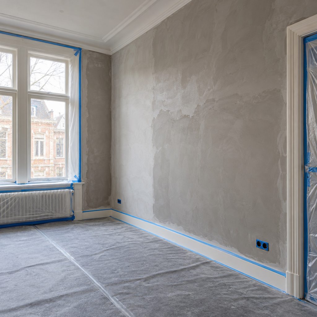 Afgeplakte kamer tijdens het stucen, vloer afgedekt
